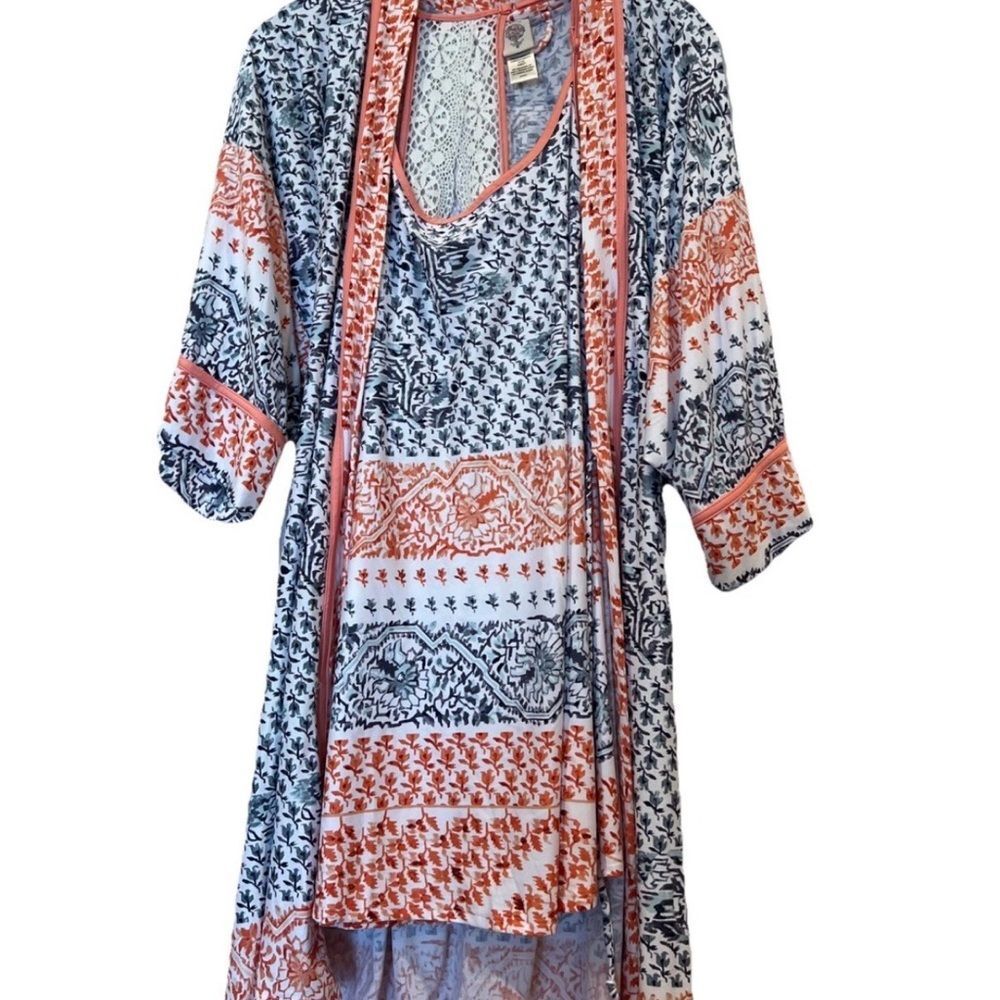 NWT Women's Navy & Coral Patterned Chemise with Matching Robe